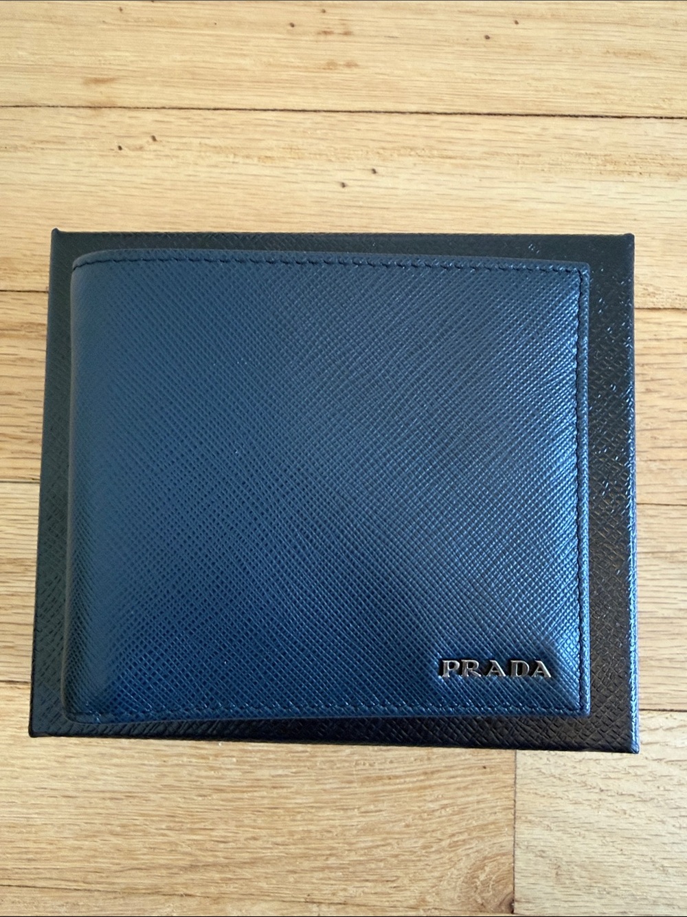 (New In Box) PRADA Saffiano Leather Bifold Wallet in Navy Blue